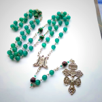 Miraculous Medal & St. Benedict Medal & Crucifix of 8 mm Round Green Cat's Eye Stone Alloy Chain Rosary