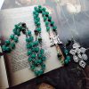Miraculous Medal & St. Benedict Medal & Crucifix of 8 mm Round Green Cat's Eye Stone Alloy Chain Rosary