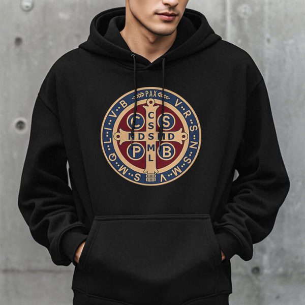 Christianartworkshop Classic Colored Style St. Benedict Protector Fleece Lined Polyester Hoodie