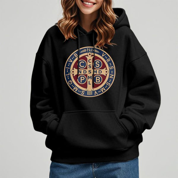 Christianartworkshop Classic Colored Style St. Benedict Protector Fleece Lined Polyester Hoodie