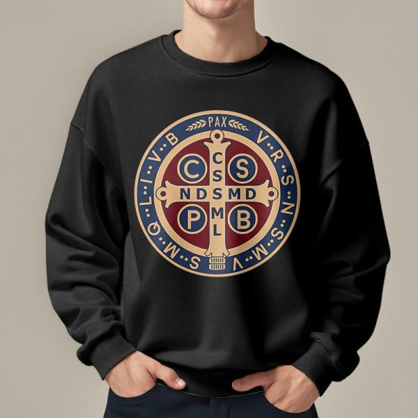 Christianartworkshop Classic Colored Style St. Benedict Protector Fleece Lined Polyester Sweatshirt
