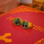 Christian Art Workshop Retro Green Cross Ring in Gold Tone