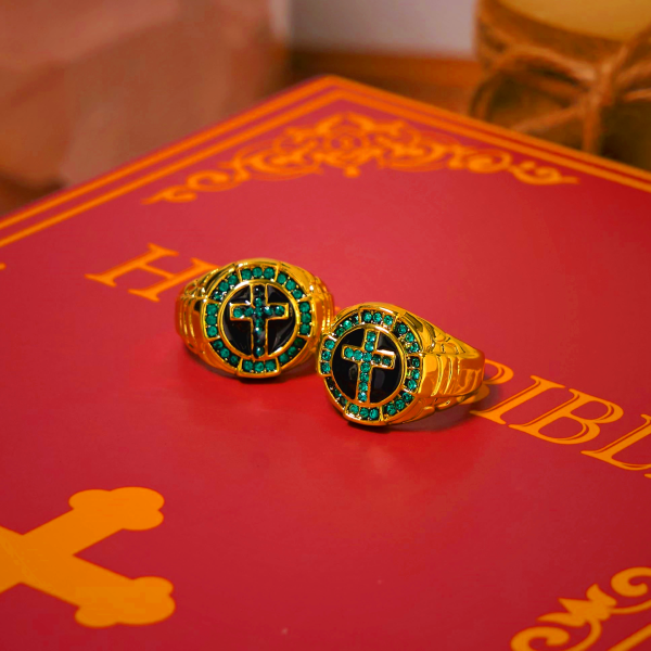 Christian Art Workshop Retro Green Cross Ring in Gold Tone