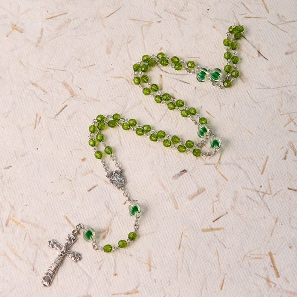 Assumption of Virgin Mary & Crucifix of 6 mm Polyhedron Green Crystal Alloy Chain Rosary