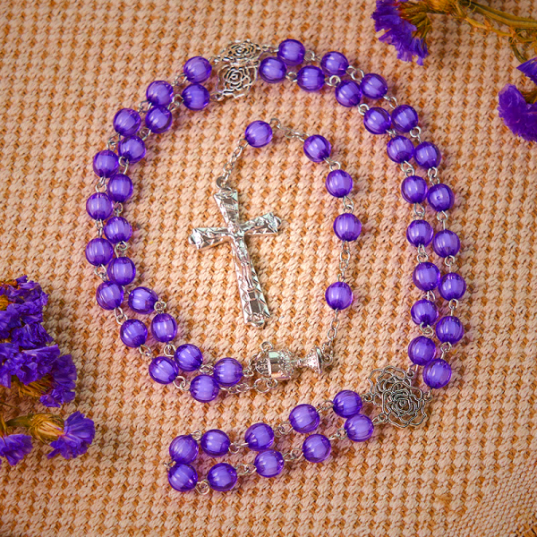 Holy Gail & Crucifix of 8 mm Round Purple Acrylic Alloy Chain Rosary