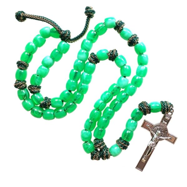 St. Benedict Crucifix of 12 mm Bucket Light Green Acrylic Paracord Rosary