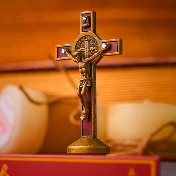 Christian Tabletop Crucifix with St. Benedict Medal - Classic Wood & Alloy Ornament