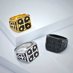 Classic Style Jerusalem Cross Shield Signet Devine Faith Ring