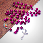 Immaculate Heart of Mary & Crucifix of 8 mm Round Purple Stone Alloy Chain Rosary