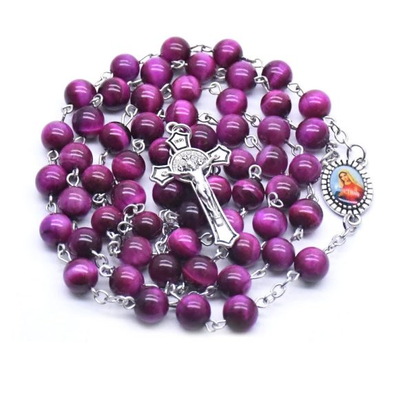 Immaculate Heart of Mary & Crucifix of 8 mm Round Purple Stone Alloy Chain Rosary