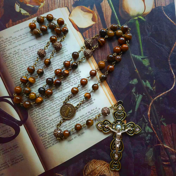 St. Benedict & Crucifix of 8 mm Round Brown Stone Alloy Chain Rosary