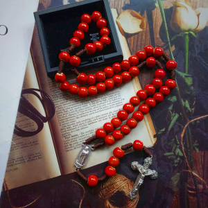 Our Lady of Guadalupe & Crucifix of 10 mm Round Red Ceramic Nylon Cord Rosary