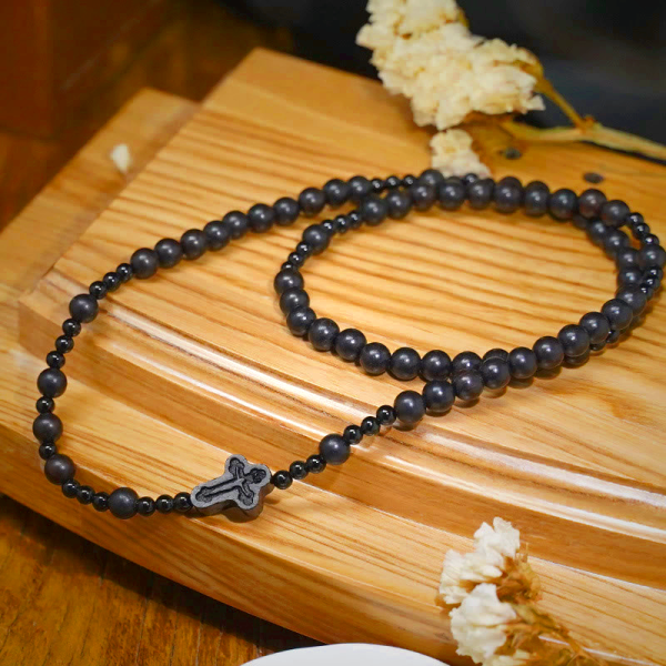 Crucifix of 6*8 mm Round Black Sandalwood Nylon Cord Rosary