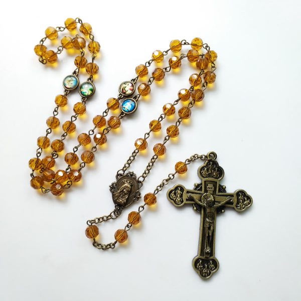 Virgin Mary & Crucifix of 8 mm Polyhedron Yellow Glass Alloy Chain Rosary