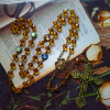 Virgin Mary & Crucifix of 8 mm Polyhedron Yellow Glass Alloy Chain Rosary