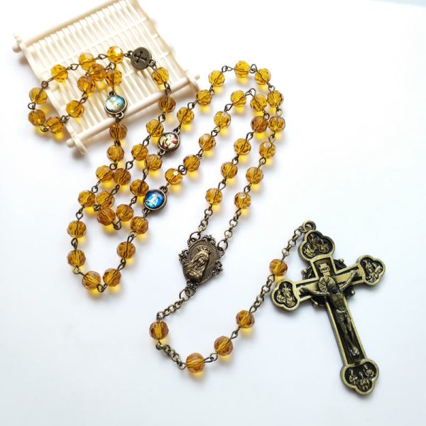 Virgin Mary & Crucifix of 8 mm Polyhedron Yellow Glass Alloy Chain Rosary