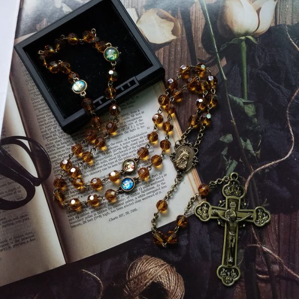 Virgin Mary & Crucifix of 8 mm Polyhedron Yellow Glass Alloy Chain Rosary
