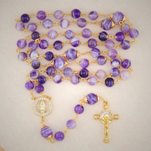 Our Lady of Guadalupe & Crucifix of 8mm Round Purple Crystal Rosary
