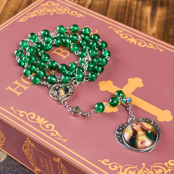 Jesus Mary Double-Sided Medal & Sacred Heart of Our Lady of 8mm Round Green Glass Alloy Chain Rosary