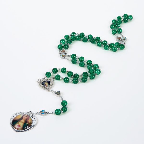 Jesus Mary Double-Sided Medal & Sacred Heart of Our Lady of 8mm Round Green Glass Alloy Chain Rosary