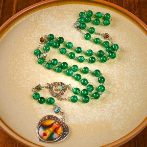 Jesus Mary Double-Sided Medal & Sacred Heart of Our Lady of 8mm Round Green Glass Alloy Chain Rosary