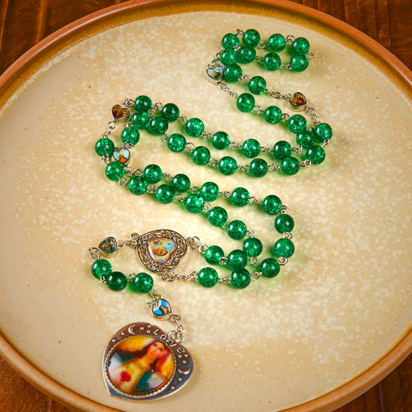 Jesus Mary Double-Sided Medal & Sacred Heart of Our Lady of 8mm Round Green Glass Alloy Chain Rosary