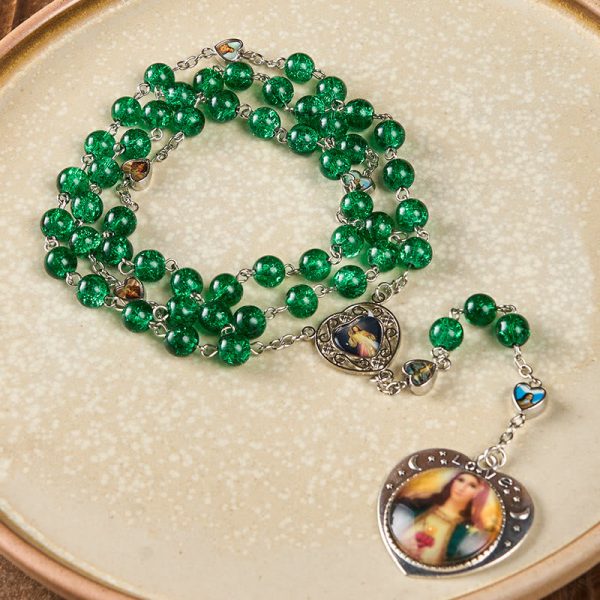 Jesus Mary Double-Sided Medal & Sacred Heart of Our Lady of 8mm Round Green Glass Alloy Chain Rosary