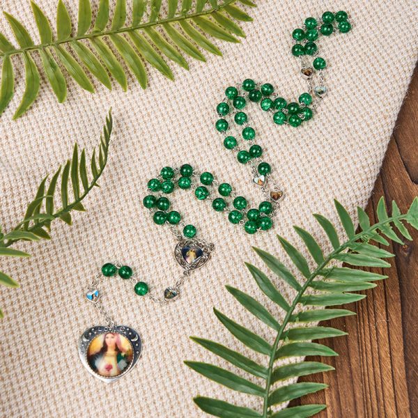 Jesus Mary Double-Sided Medal & Sacred Heart of Our Lady of 8mm Round Green Glass Alloy Chain Rosary