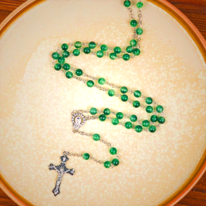 Our Lady of Rosary & Crucifix of 6mm Round Green Agate Alloy Chain Rosary