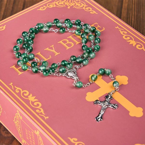 Our Lady of Rosary & Crucifix of 6mm Round Green Agate Alloy Chain Rosary