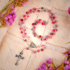 Our Lady of Rosary & Crucifix of 6mm Round Multi-pink Agate Alloy Chain Rosary