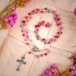 Our Lady of Rosary & Crucifix of 6mm Round Multi-pink Agate Alloy Chain Rosary