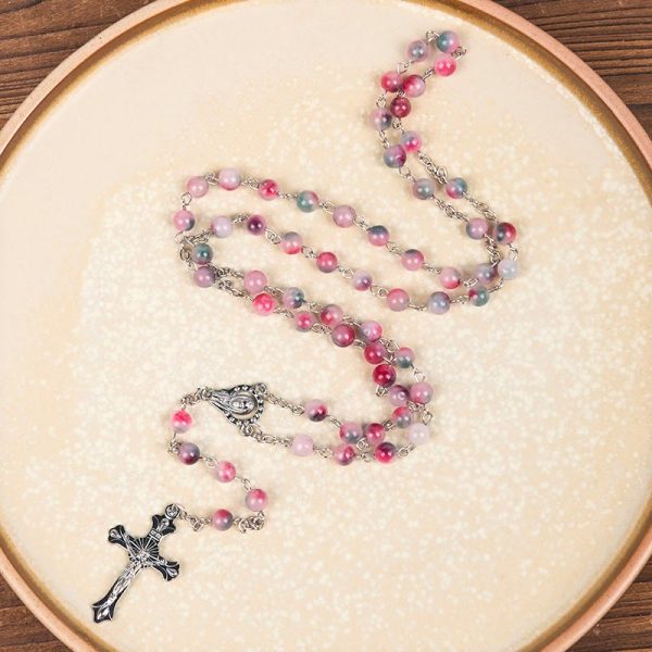Our Lady of Rosary & Crucifix of 6mm Round Multi-pink Agate Alloy Chain Rosary