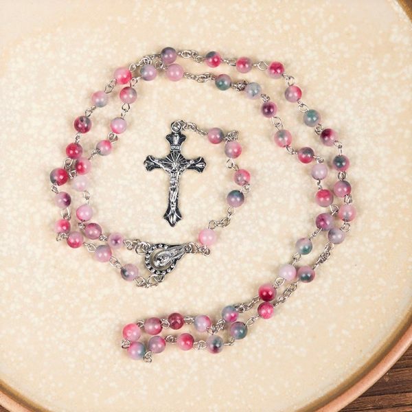 Our Lady of Rosary & Crucifix of 6mm Round Multi-pink Agate Alloy Chain Rosary