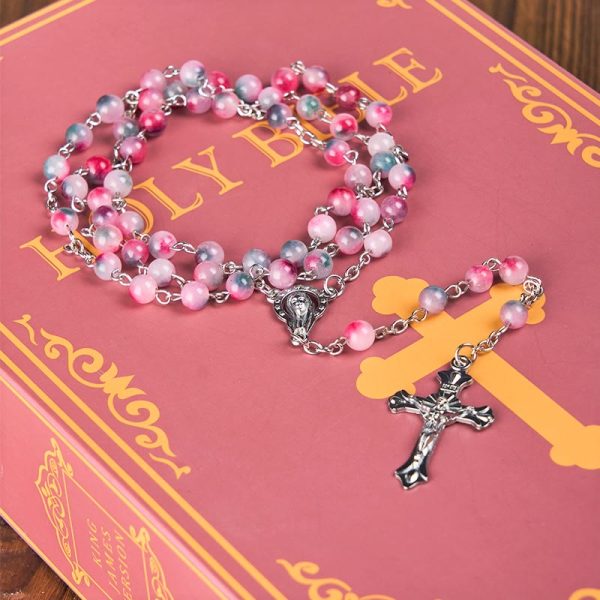 Our Lady of Rosary & Crucifix of 6mm Round Multi-pink Agate Alloy Chain Rosary