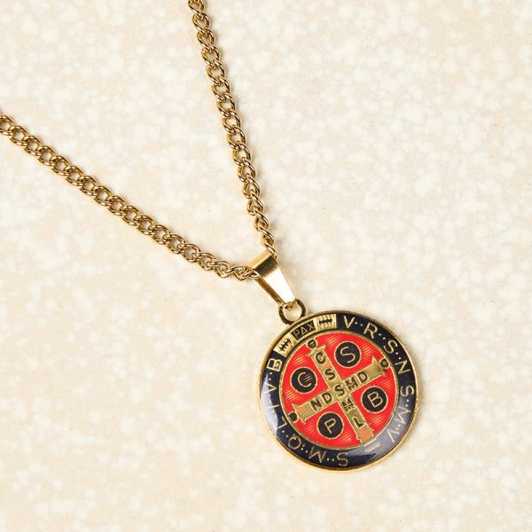 Christianartworkshop 2 Color Retro Style St. Benedict Symbol Protection Faith Pendant Necklace