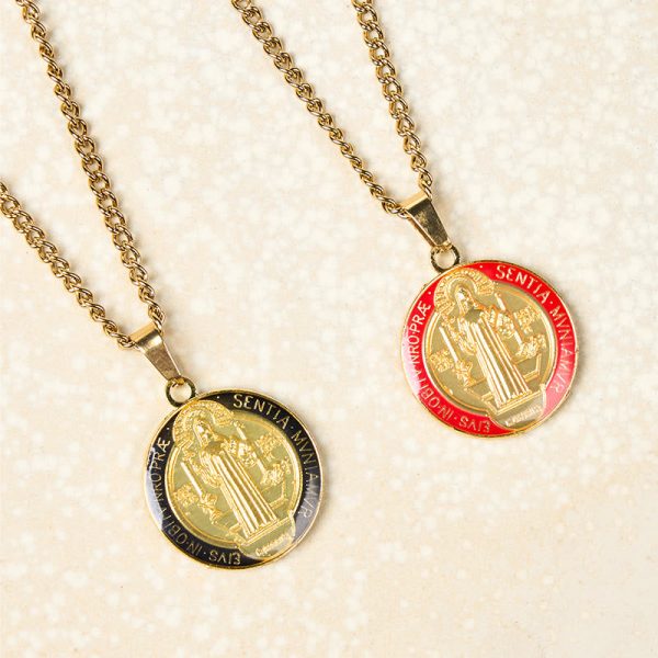 Christianartworkshop 2 Color Retro Style St. Benedict Symbol Protection Faith Pendant Necklace
