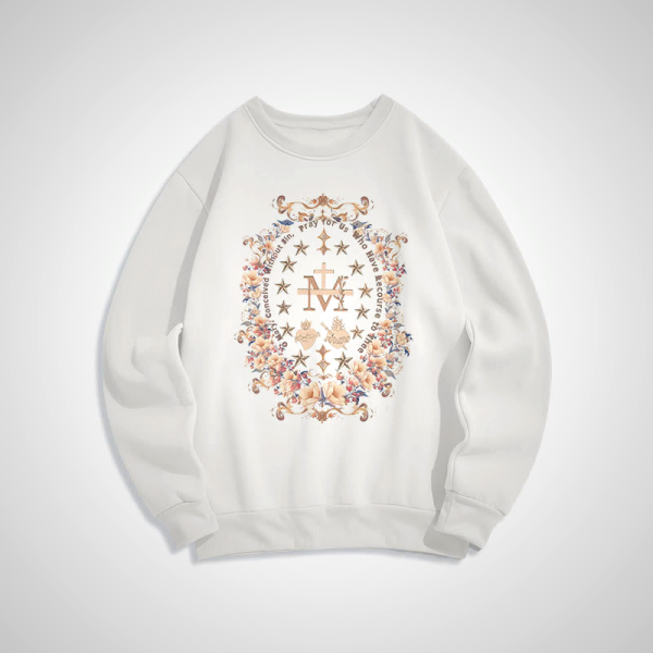 Modern Style Floral Cross Virgin Mary Fleece Lined Polyester Sweatshirt