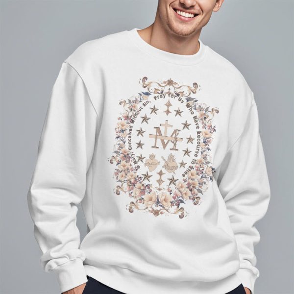 Christianartworkshop Modern Style Floral Cross Virgin Mary Fleece Lined Polyester Sweatshirt