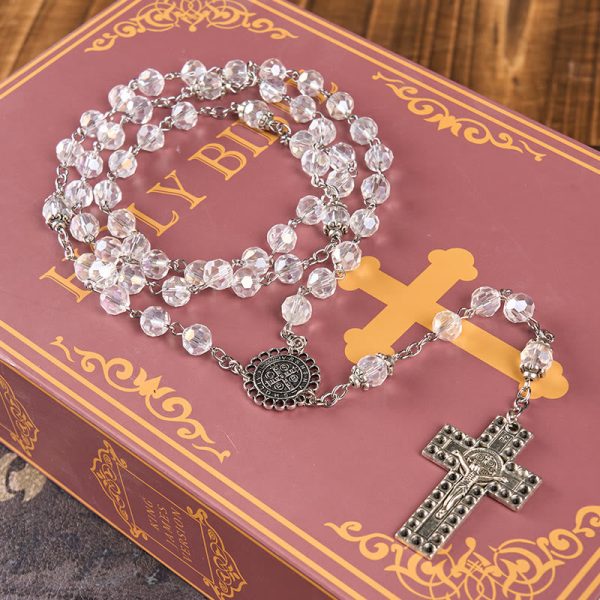 St. Benedict Medal & Crucifix of 8mm Polyhedron Clear Crystal Alloy Chain Rosary