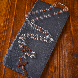 St. Benedict Medal & Crucifix of 8mm Round Clear Glass Alloy Chain Rosary