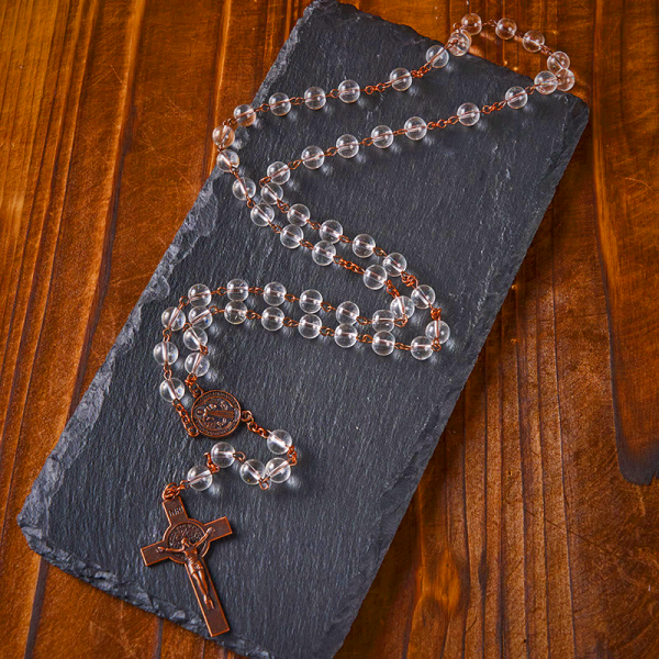 St. Benedict Medal & Crucifix of 8mm Round Clear Glass Alloy Chain Rosary