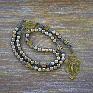 Miraculous Medal & Crucifix of 8 mm Round Silver Black Gallstone Nylon Cord Rosary