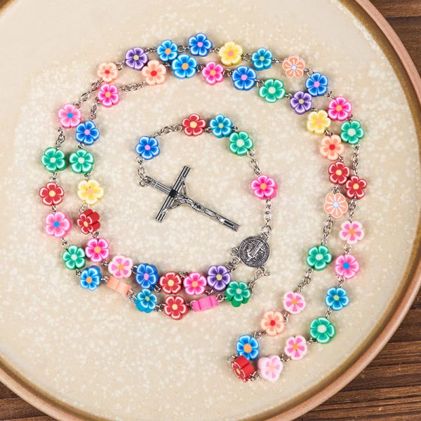 St. Benedict Medal & Crucifix of 8 mm Flower Multicolor Polymer Clay Alloy Chain Rosary