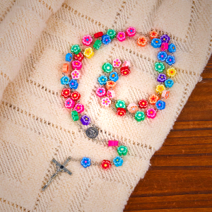 St. Benedict Medal & Crucifix of 8 mm Flower Multicolor Polymer Clay Alloy Chain Rosary