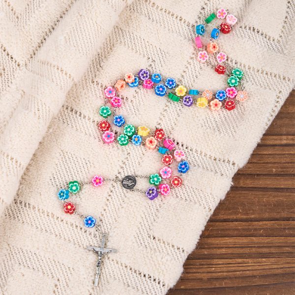 St. Benedict Medal & Crucifix of 8 mm Flower Multicolor Polymer Clay Alloy Chain Rosary