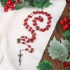 Rose & Crucifix of 8 mm Round Red Natural Stone Alloy Chain Rosary
