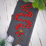 Rose & Crucifix of 8 mm Round Red Natural Stone Alloy Chain Rosary