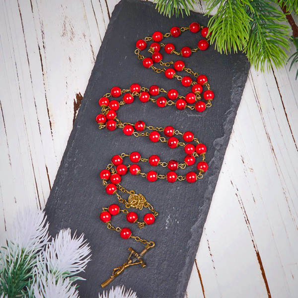 Rose & Crucifix of 8 mm Round Red Natural Stone Alloy Chain Rosary