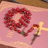 Rose & Crucifix of 8 mm Round Red Natural Stone Alloy Chain Rosary